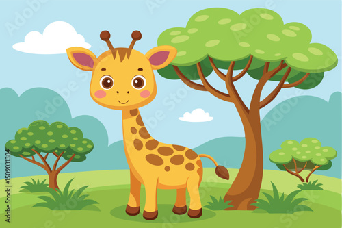 A cute cartoon baby giraffe with a long neck stands by a tree in the wild savanna
