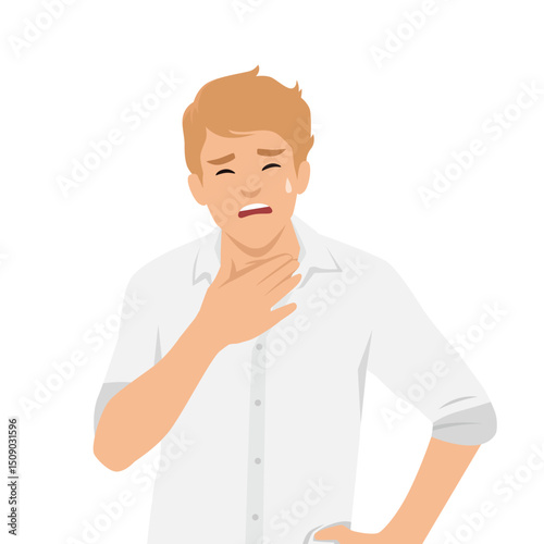 Man clutching his throat in discomfort, indicating a sore throat or throat infection. Flat vector illustration isolated on white background