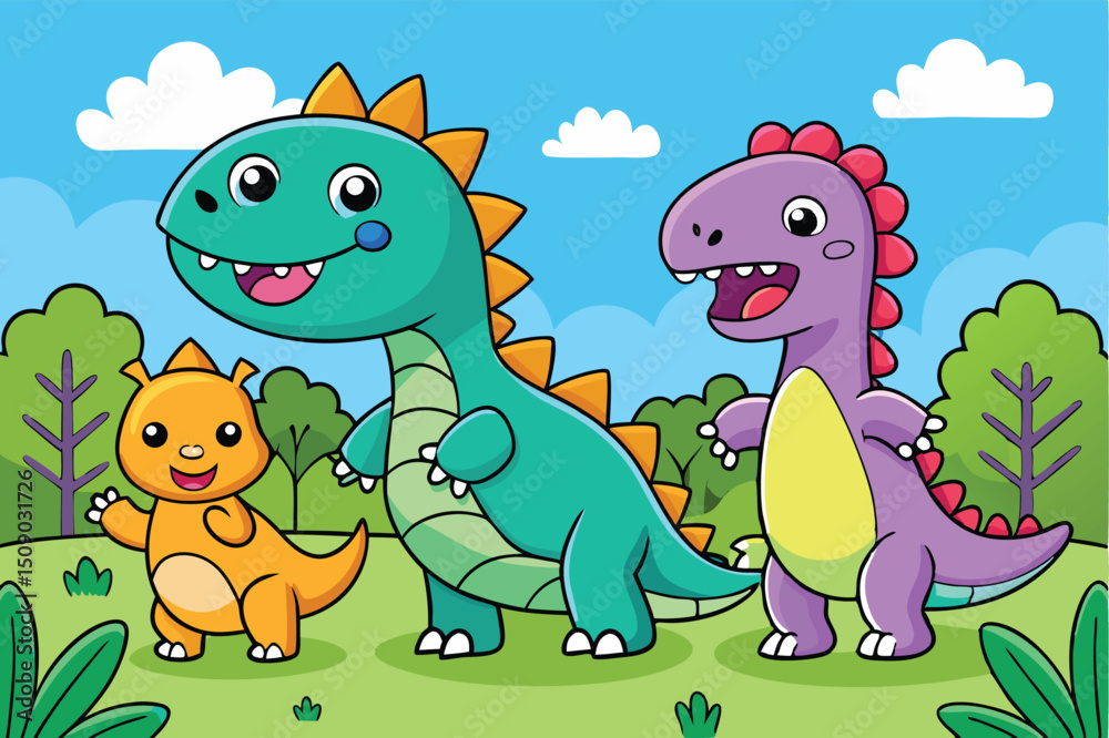 Naklejka premium A fun set of cute cartoon reptile and dinosaur animal illustrations