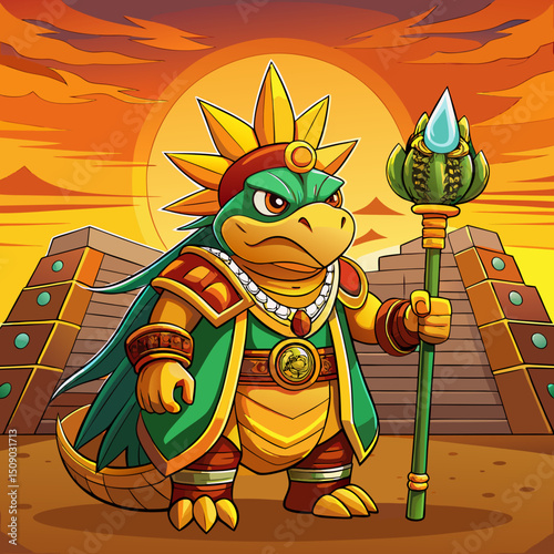 Powerful Mayan Lizard King Cartoon Character with Scepter