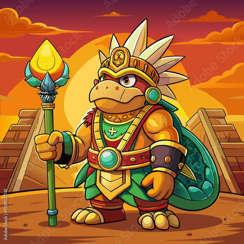 Cartoon Aztec Warrior Turtle with Staff at Sunset