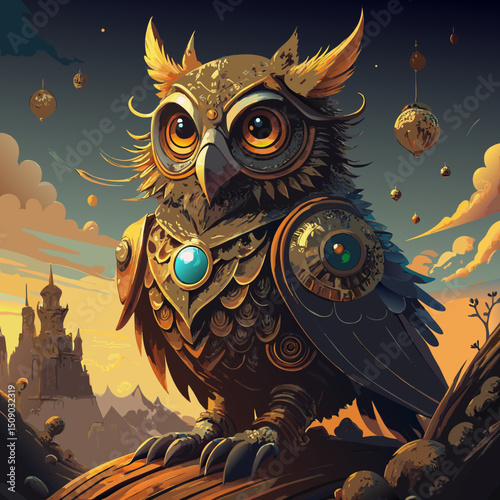 Majestic Armored Owl Fantasy Illustration with Castle Background