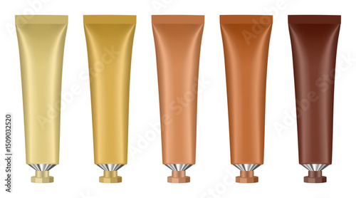 Set of metal cosmetic tubes with small screw cap. 3d mockup. Beige, gold, bronze, yellow and brown  colors. Hand cream, mask or lotion.	