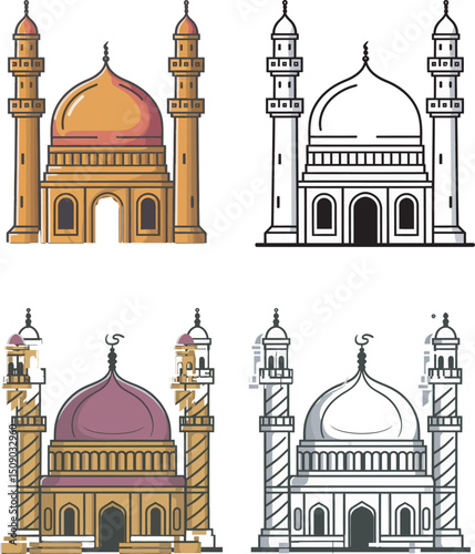 Four illustrated mosques display varying colors and outlines against a plain white background