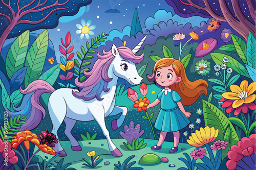 Whimsical vector art illustration for children featuring a funny fairy tale princess, unicorn, and other animals in a festive holiday nature scene