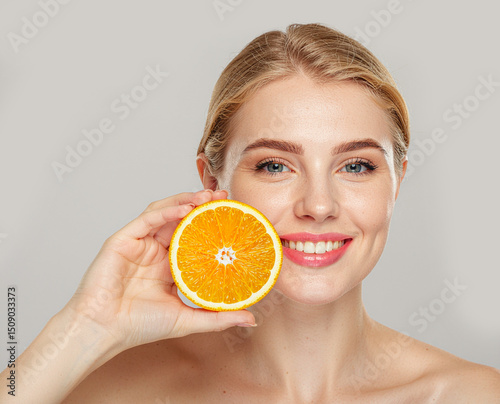 Smiling woman holding orange slice near face promoting healthy skincare