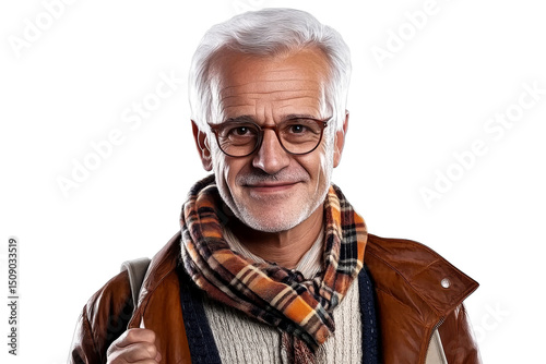 Elderly Smiling Man with Scarf and Jacket, Cut Out Transparent