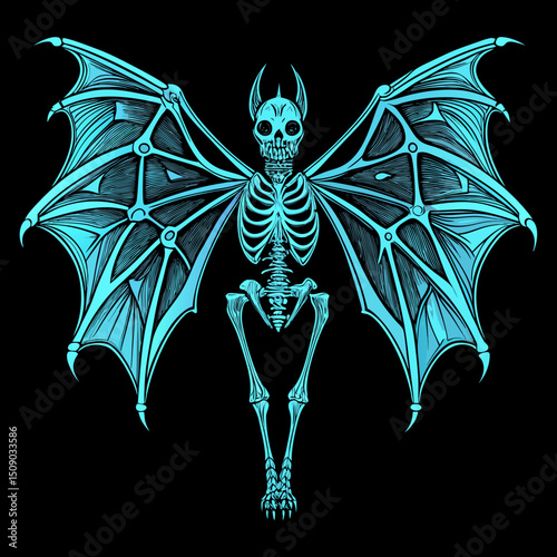 Glowing Cyan Bat Skeleton with Large Wings on Black Background