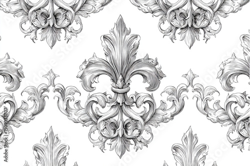 Seamless pattern with fleur de lis and baroque elements in black and white detailed illustration