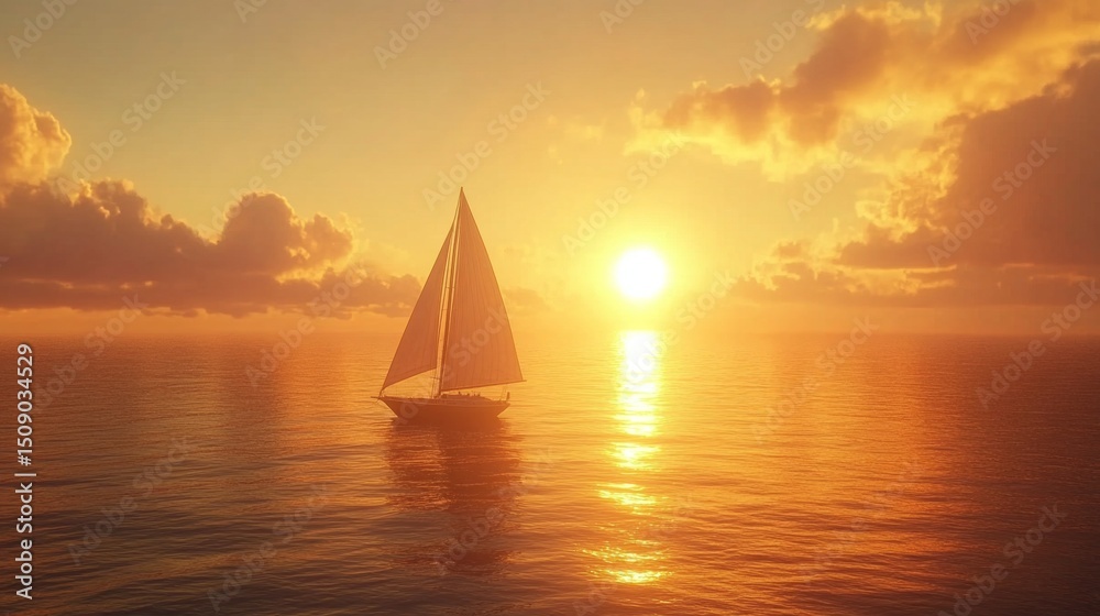 Fototapeta premium A lone sailboat drifting across golden waters as the sun sets in the background 