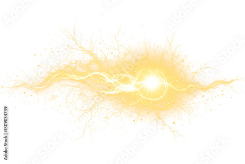 Electric Discharge of Pure Energy with a Powerful Spark Golden Color on Transparent Background