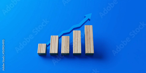  Blue graph with upward arrow. Business, financial growth, sales, profit, investment concept. Marketing chart, progress bar, increasing trend, economic growth
