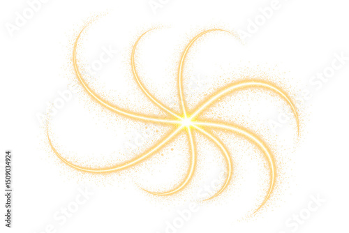 Golden Sparkling Light Trails Swirling Around a Central Point on Transparent Background