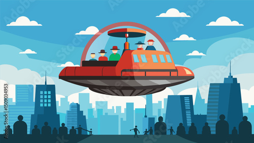A massive hovercraft used for transporting large groups of people at once hovers above the city streets as it makes its way towards a nearby landing pad.. Vector illustration