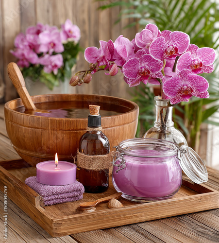 Wallpaper Mural Relaxing spa day lavender orchids wooden bowl candle Torontodigital.ca