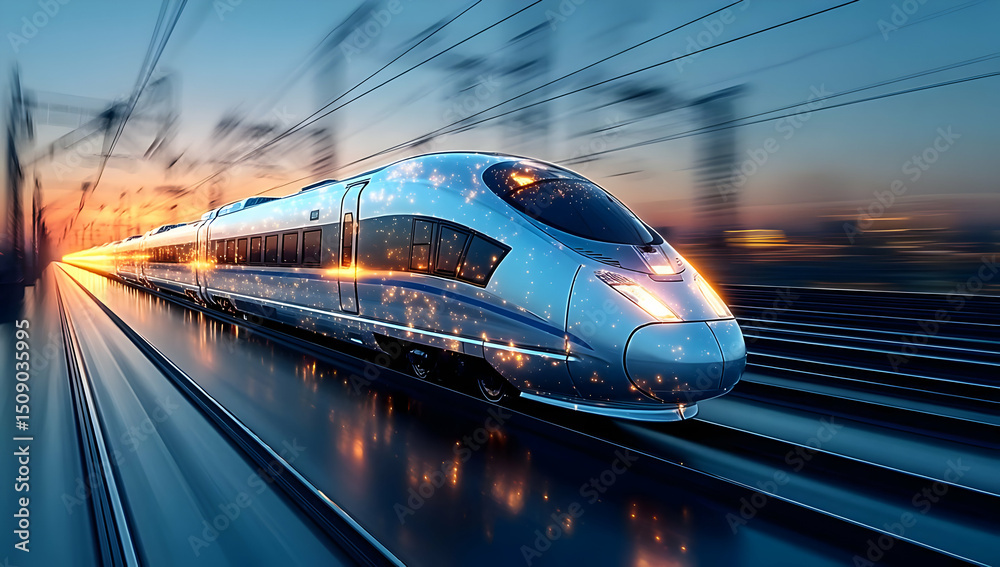 Naklejka premium A sleek, modern high-speed train glides through the landscape at sunset, showcasing the beauty of technology in transportation.