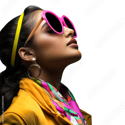 Latina woman with pink glasses in stylish portrait, cut out transparent