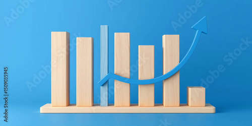  Blue graph with upward arrow. Business, financial growth, sales, profit, investment concept. Marketing chart, progress bar, increasing trend, economic growth