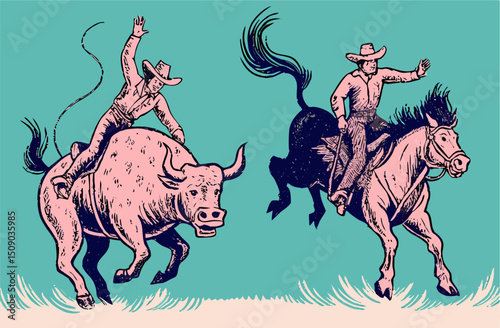 Vintage Rodeo Illustration: Bull Rider & Horse Rider