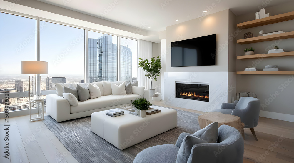 Fototapeta premium A modern living room featuring a stylish sofa, large windows, and an elegant design. The serene atmosphere is perfect for relaxation and social gatherings.