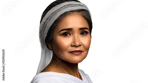 Asian Woman, White Head Scarf, Shoulder Portrait, Cut out transparent