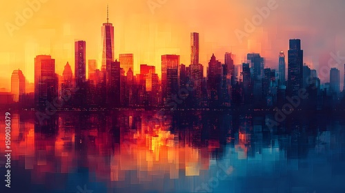 A stunning abstract city silhouette under a vibrant sunset, reflecting in a dark body of water, creating a colorful and dynamic scene that evokes an abstract theme and urban energy.