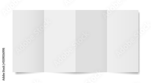 Four panel accordion fold. White folded paper sheet. Double gate fold. Vertical pages. Blank booklet