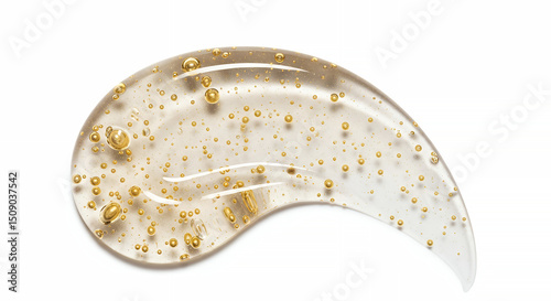 Close-up of clear serum with suspended 24k gold flakes on clean white backdrop for luxury cosmetic ad