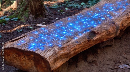 Glowing blue lights on forest log bench