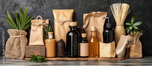 Eco-friendly beauty products on wood, dark background