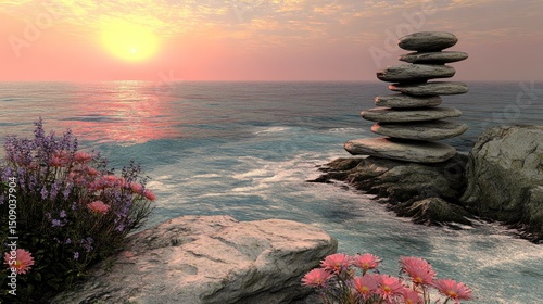 Serene sunset ocean rockscape, stacked stones, flowers, peace