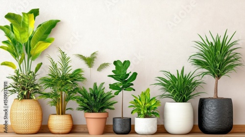 Indoor plants shelf, home decor, green foliage, neutral background, calm atmosphere, website design