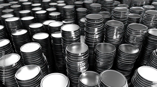 Stacks of metallic cylinders, warehouse storage, industrial background, financial concept