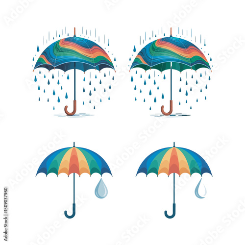 Rainbow umbrellas stand resiliently against a whimsical downpour on a transparent background