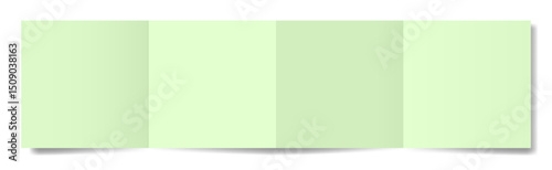 Four panel accordion fold. Light green folded paper sheet. Double gate fold. Square brochure