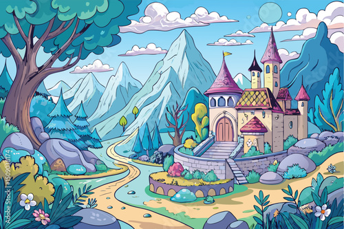 Cartoon fairy tale castle on a hill with a princess tower, illustrating a fantasy village landscape