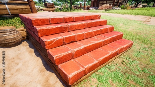 Red brick steps, village background, construction, game asset