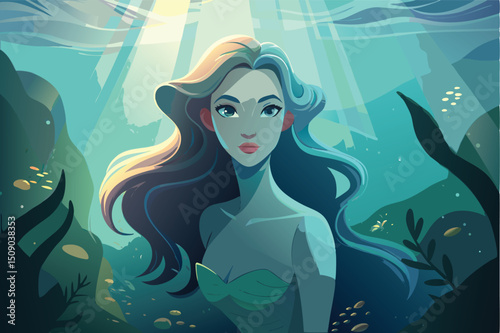 Beautiful blonde mermaid with flowing hair in the sea, a glamourous illustration of a woman's face and body, a cartoon art design