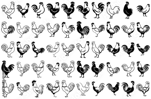 Variety of Rooster Silhouettes in Rows Icon