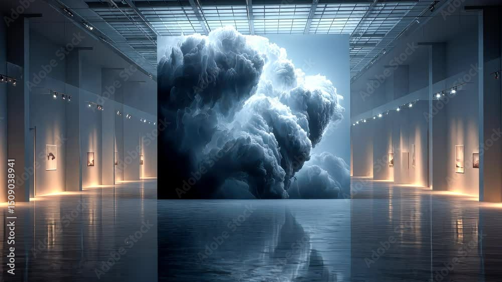 Abstract cloud-like sculpture dramatically lit in a modern gallery, merging natural forms with immersive art presentation