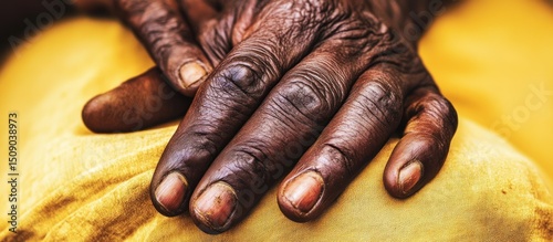 Elderly hands resting, yellow fabric background, Africa, age texture