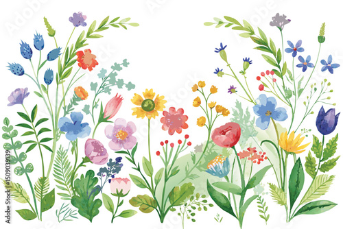 Vibrant spring floral border illustration with blooming flowers, green grass, and delicate butterflies, perfect for a nature-inspired design or card