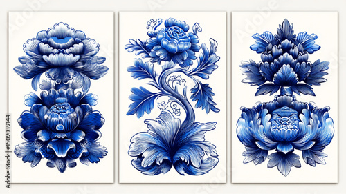 Three panels displaying blue and white floral designs in a triptych arrangement on a white background