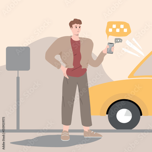The guy called a taxi using a smartphone. Flat illustration. Vector