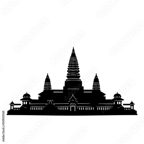 Wat Arun Silhouette: A striking monochrome line art illustration depicts the iconic Wat Arun temple in Bangkok, showcasing its intricate architectural details against a white backdrop.
