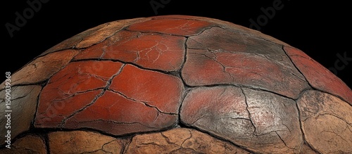 Cracked red-brown sphere, close-up texture. Background is black. Use Design, texture, background