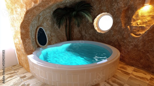 Luxurious cave spa tub, tropical plant, relaxation