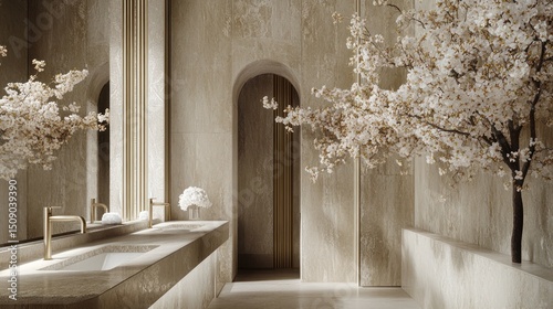 Luxurious beige bathroom, cherry blossom trees, arched doorway, sunlight