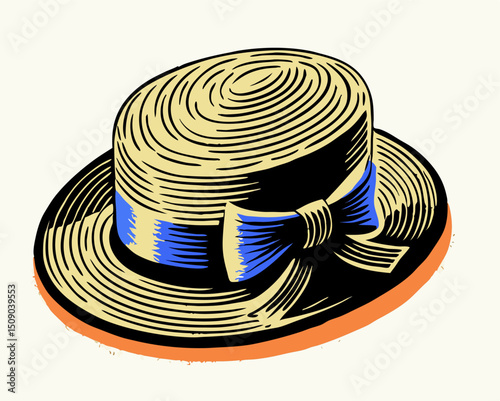 Vintage Straw Boater Hat with Blue Ribbon Illustration