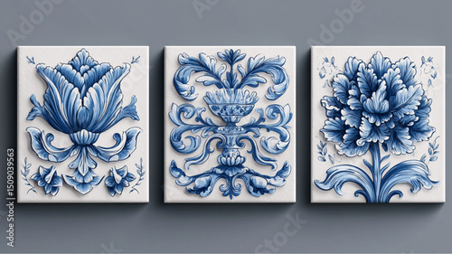 Three square canvases displaying blue and white floral designs in a decorative arrangement style